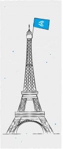Eiffelturm mit einer blauen Fahne mit Contorion-Zeichen